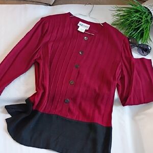 S.L. Fashions Deep Red and Black Button-Up Blouse